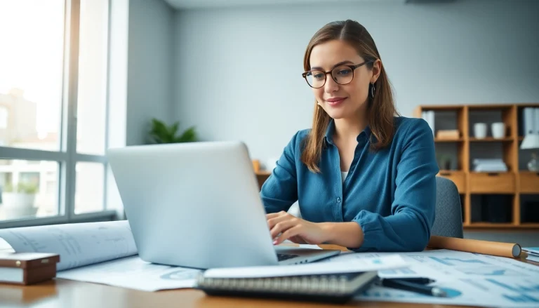 Biuro rachunkowe dla firmy budowlanej, w którym profesjonalny księgowy przegląda dokumenty finansowe w jasnym biurze.