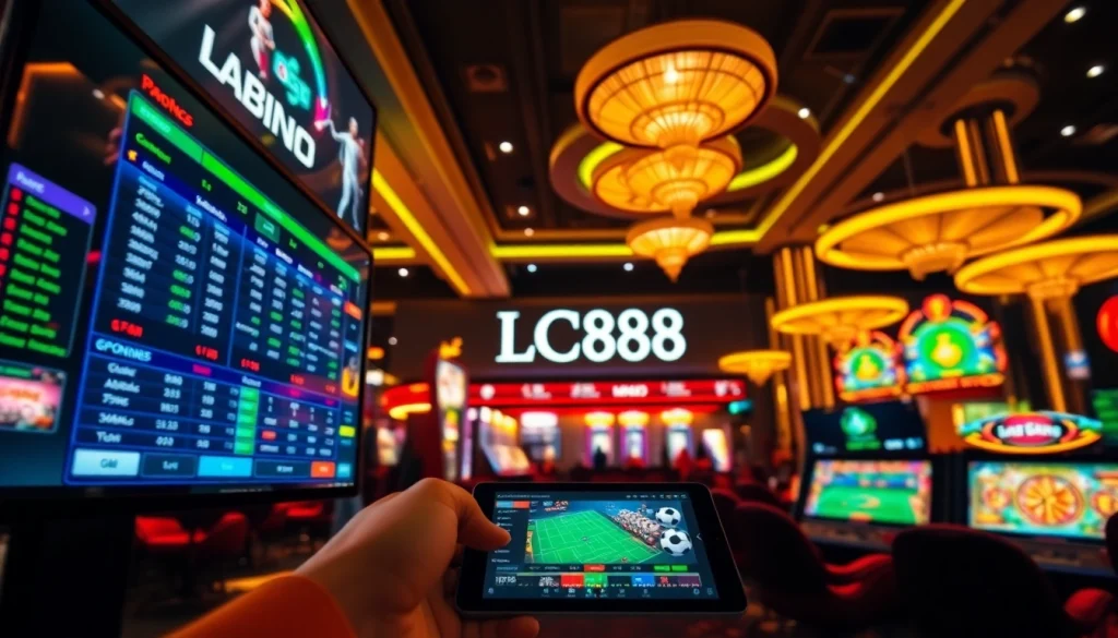 Dynamic casino scene featuring LC88 Link with vibrant betting interfaces and modern technology.