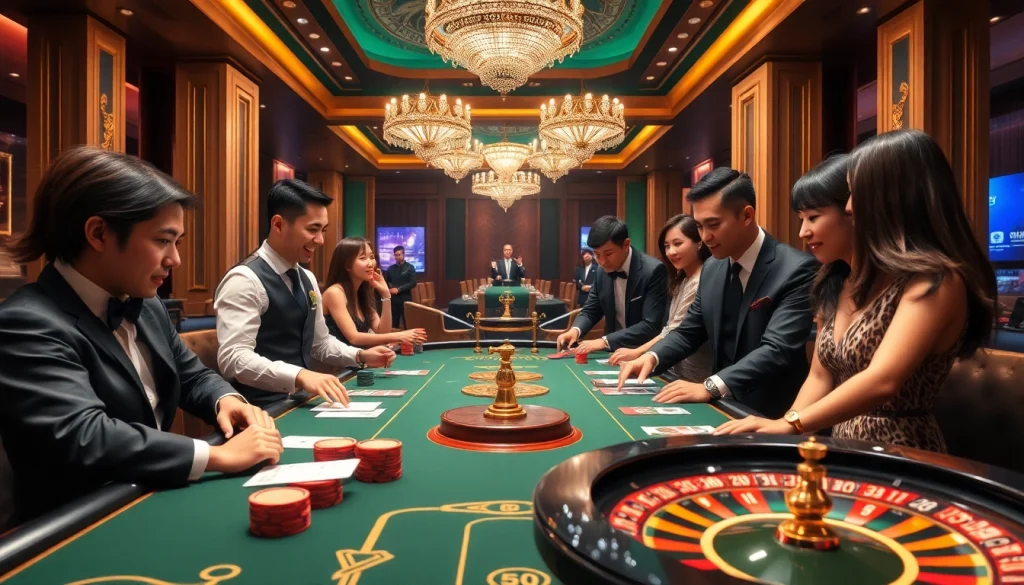 Engaging gaming action at Nhà cái Thabet with elegant dealers and vibrant casino atmosphere.