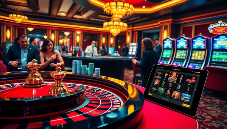 Experience the excitement at https://king88b.us.com/ with a vibrant casino scene featuring poker chips and roulette.