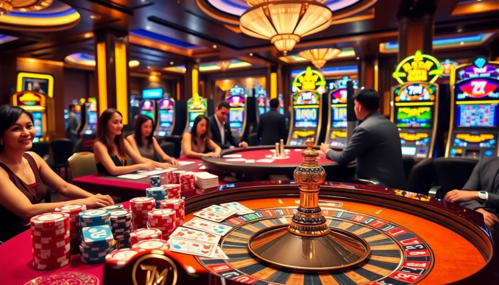 7m players enjoying action at a vibrant casino table filled with poker chips and cards.