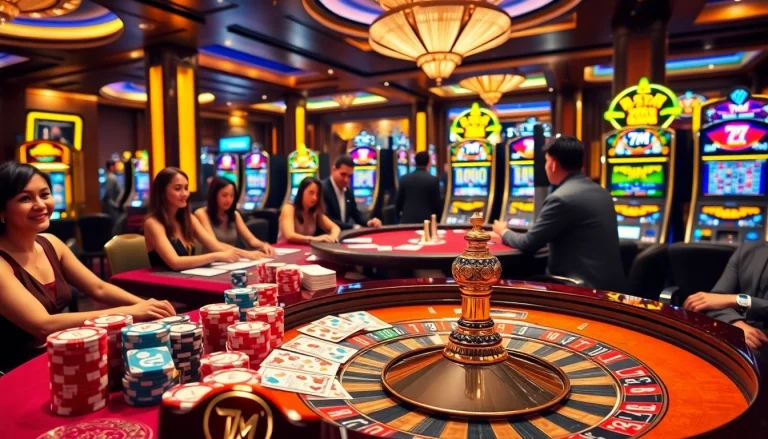 7m players enjoying action at a vibrant casino table filled with poker chips and cards.