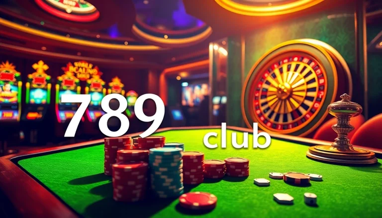 Experience excitement at 789 club with vibrant casino tables, colorful slot machines, and poker chips.