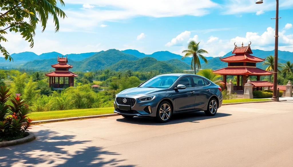 Car rental at Kuching: modern rental car amidst lush tropical landscape in Malaysia.