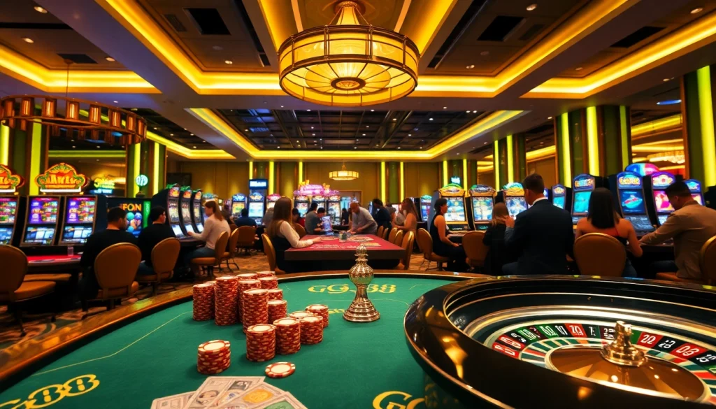 Engaging gaming scene at GG88 casino with vibrant tables, colorful chips, and lively players.