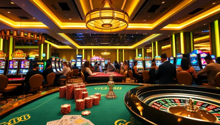 Engaging gaming scene at GG88 casino with vibrant tables, colorful chips, and lively players.