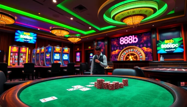 Engaging gamblers at nhà cái 888b's luxurious casino table filled with poker chips and cards.