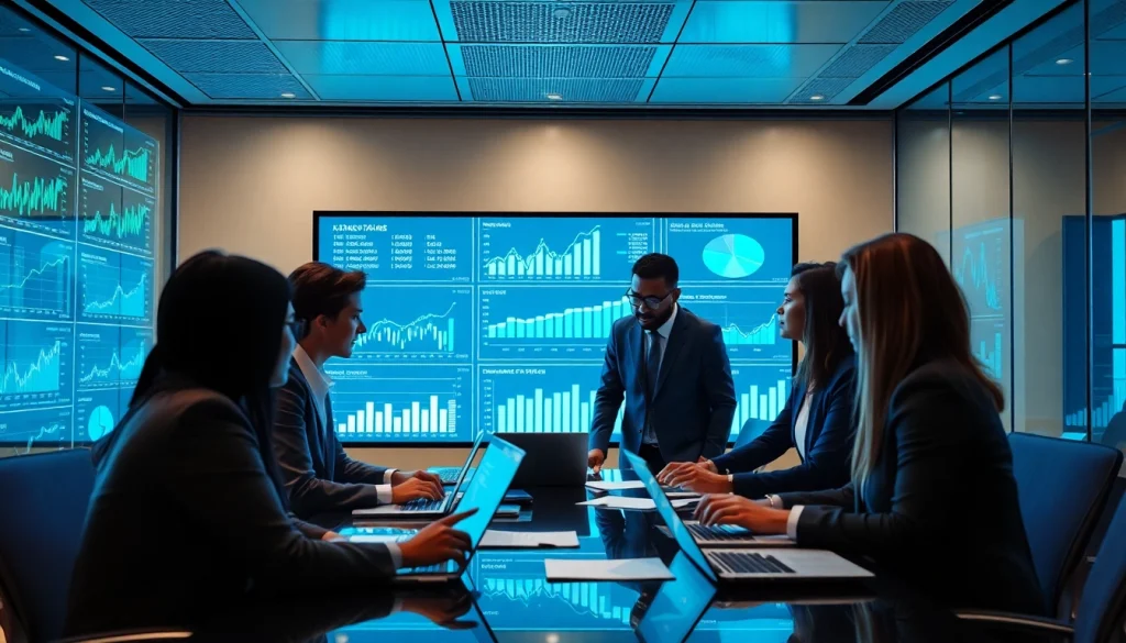 Fly88 deal showcasing business professionals collaborating in a high-tech finance meeting with digital graphs.