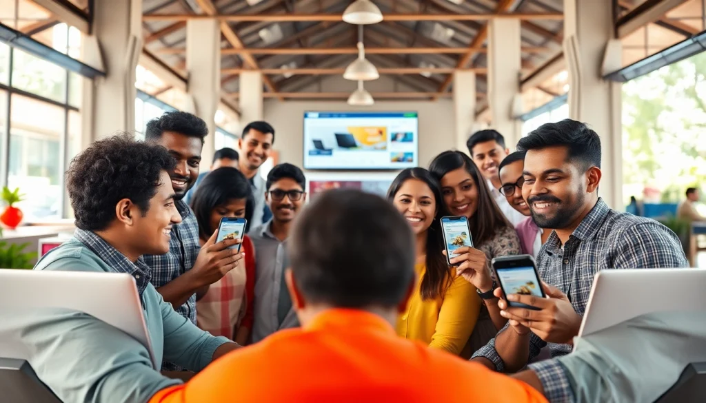 Lanka Add advertising platform showcasing diverse users engaging with digital ads in a vibrant marketplace.