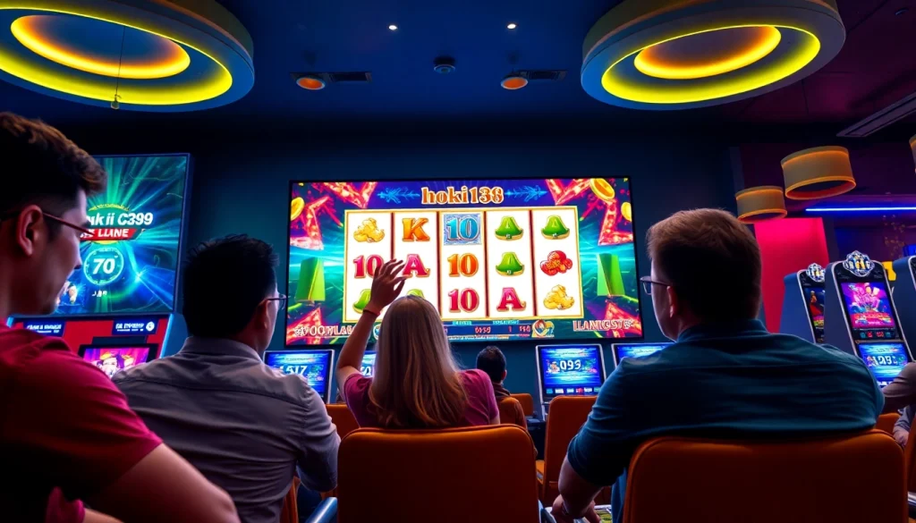 Engaged players enjoying the hoki138 online slot gaming experience in a vibrant lounge setting.