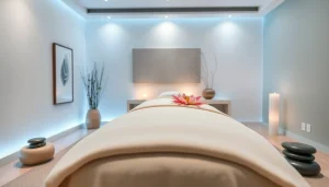 Spa Ads showcasing a relaxing treatment room with calming ambiance, natural elements, and inviting decor.