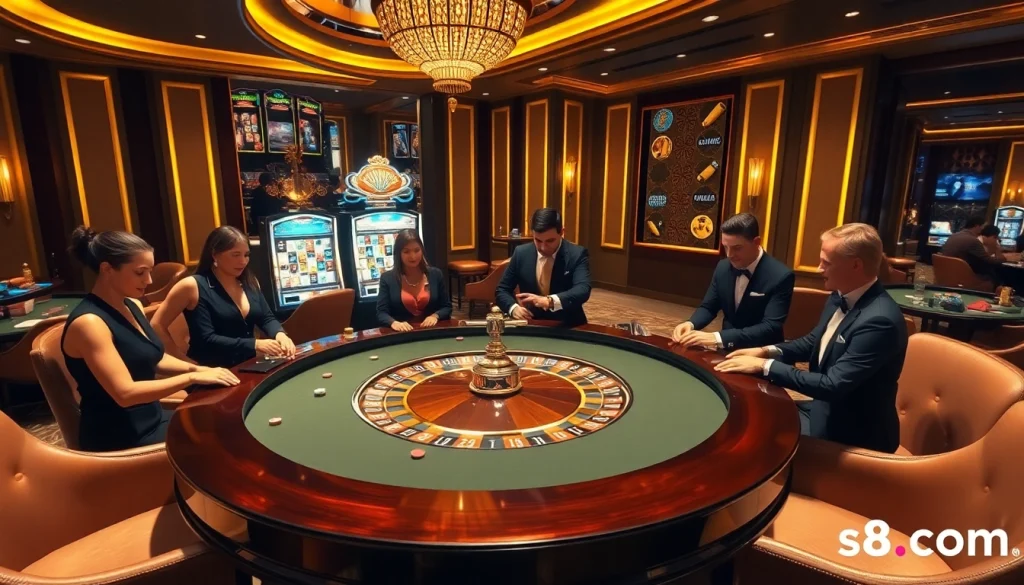 A thrilling casino scene showcasing roulette action and excitement at s8.com