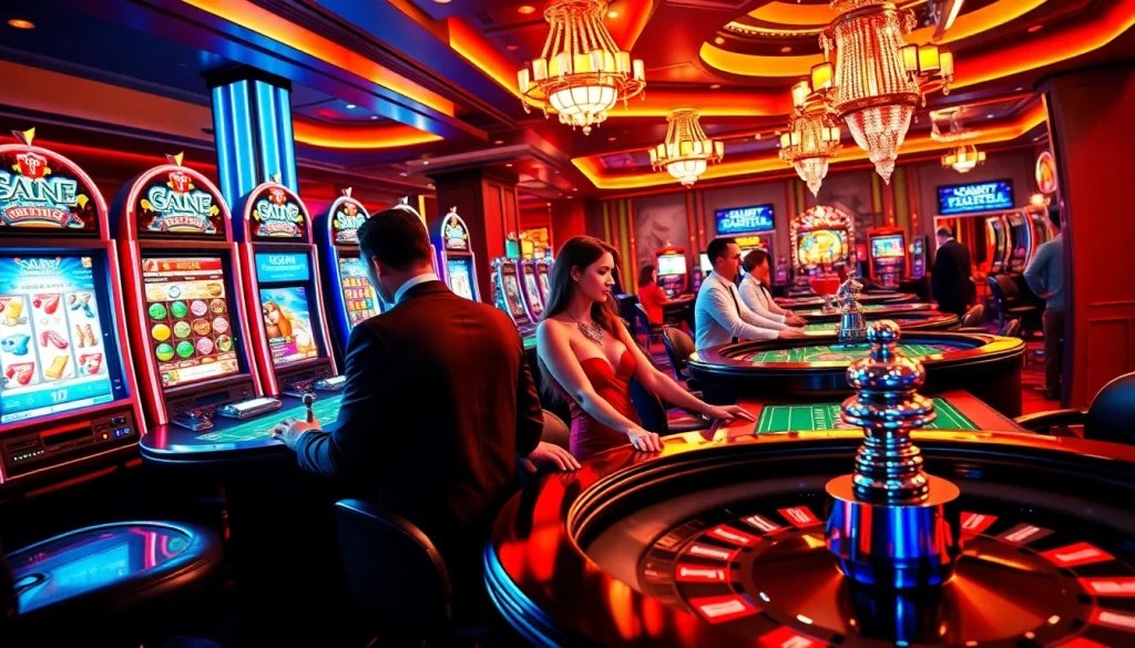 Engage with the thrill of birutoto through an exciting casino scene showcasing vibrant slot machines and stylish players.