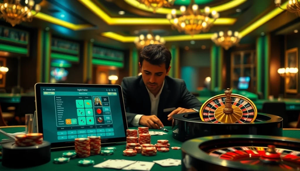 Engaging in a thrilling game on ingat bola88 with poker chips and a roulette wheel backdrop.