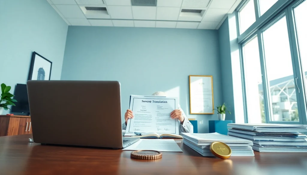 Sworn translation workspace featuring a certified translator with legal documents and a notary seal.
