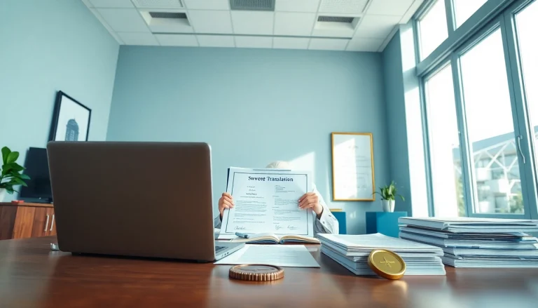 Sworn translation workspace featuring a certified translator with legal documents and a notary seal.