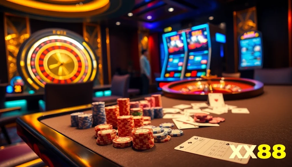 Experience winning moments with XX88 at a luxurious casino featuring poker and roulette action.