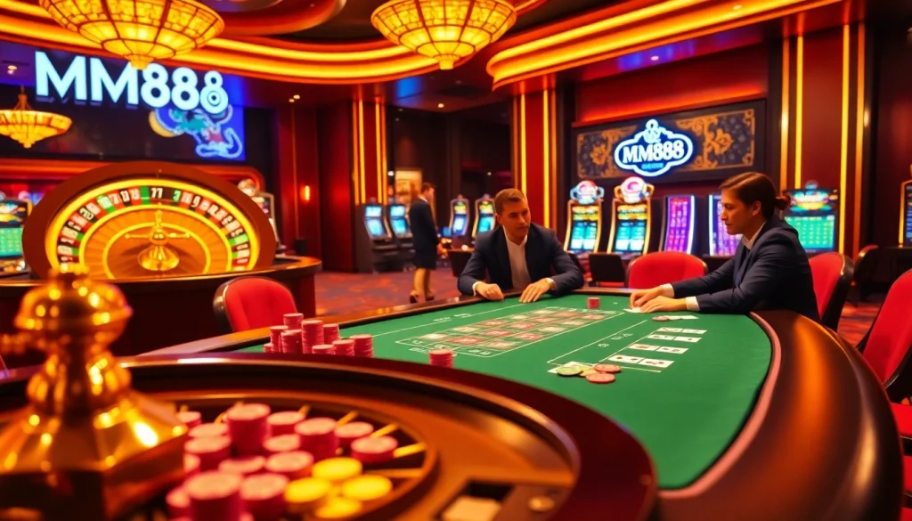 Exciting gameplay at MM88 casino with poker chips and roulette wheel in luxurious setting.