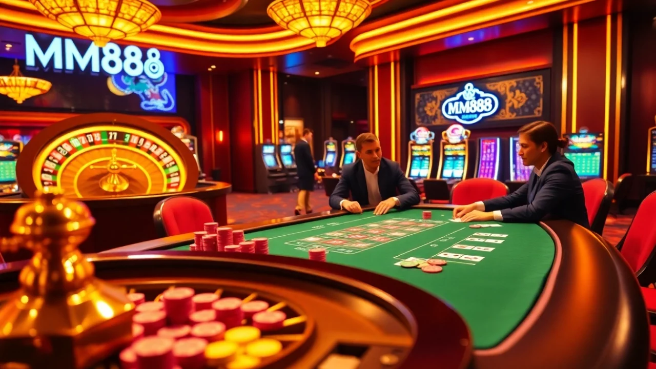 Exciting gameplay at MM88 casino with poker chips and roulette wheel in luxurious setting.