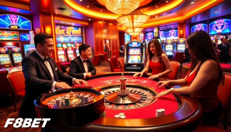Players enjoy high-stakes games at F8BET's luxurious casino tables, surrounded by vibrant slot machines.