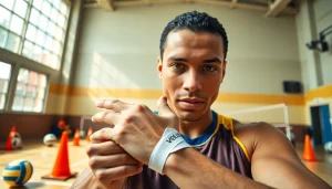 Volleyball thumb taping technique shown on a focused athlete's hand in a bright gym.
