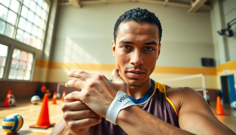 Volleyball thumb taping technique shown on a focused athlete's hand in a bright gym.