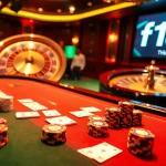 Experience the excitement of Nhà cái f168 with a vibrant casino scene, featuring poker and roulette elements.