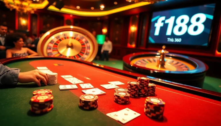 Experience the excitement of Nhà cái f168 with a vibrant casino scene, featuring poker and roulette elements.