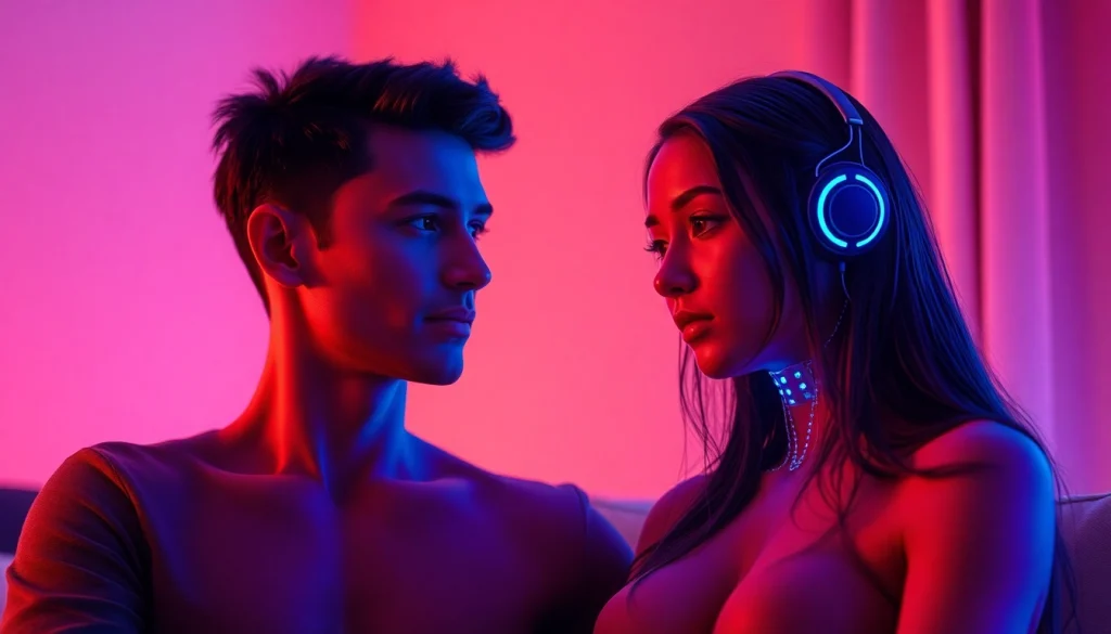 AI sexchat interaction between a futuristic girlfriend and a user, showcasing intimate engagement.