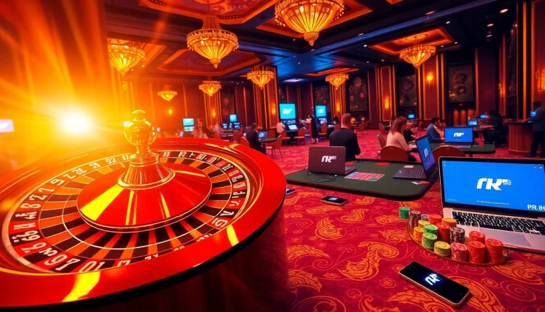 Engaging gamblers at a luxurious casino scene with rr 88 elements like cards and roulette wheels.