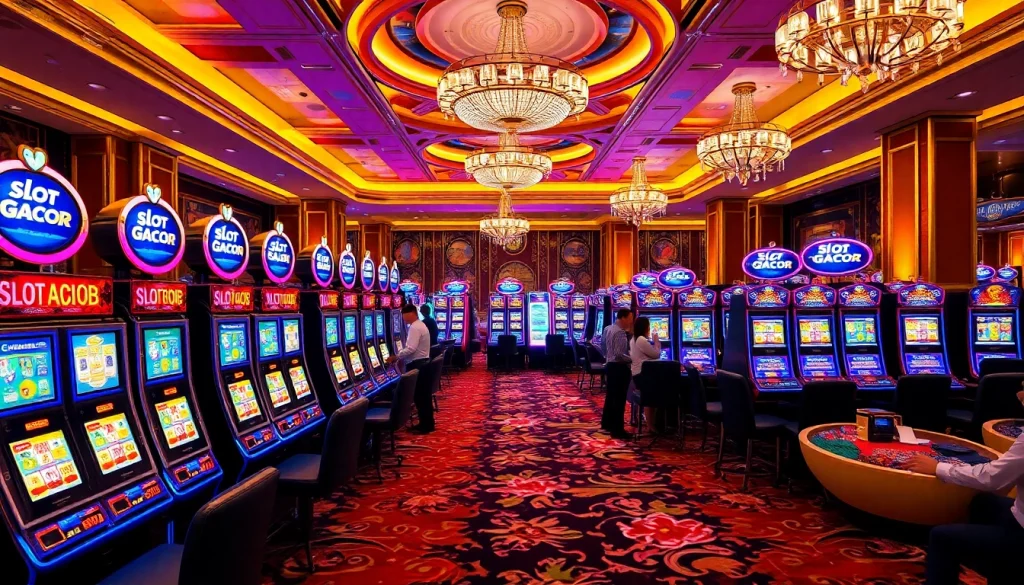 Players enjoying thrilling Slot Gacor machines in a luxurious casino setting filled with excitement.