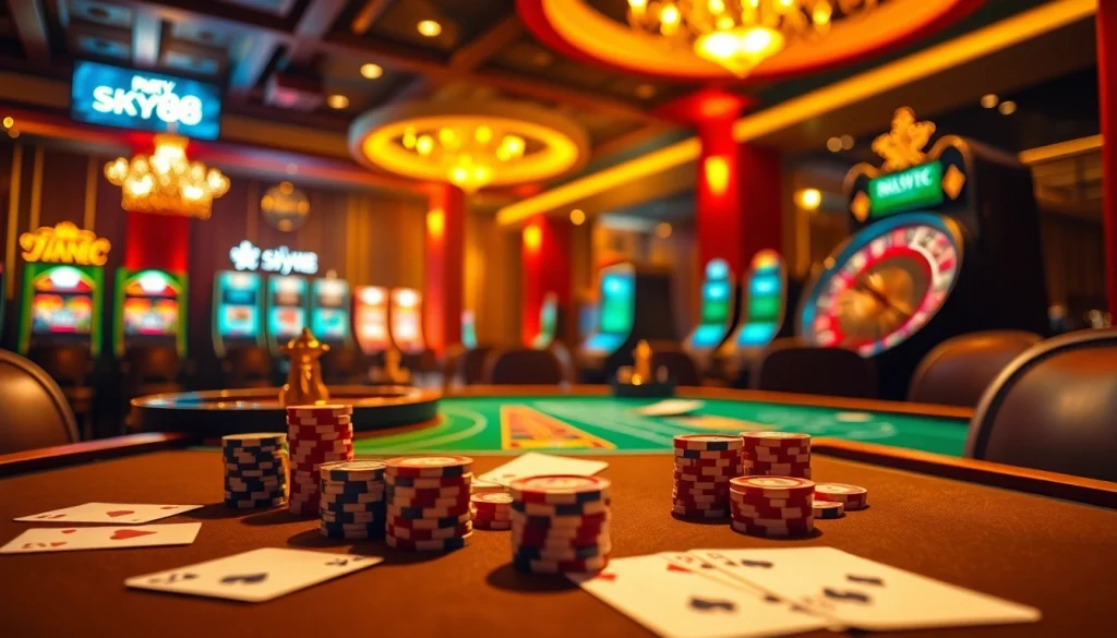 Experience the excitement of nhà cái sky88 with vibrant casino elements like poker chips and a roulette wheel.
