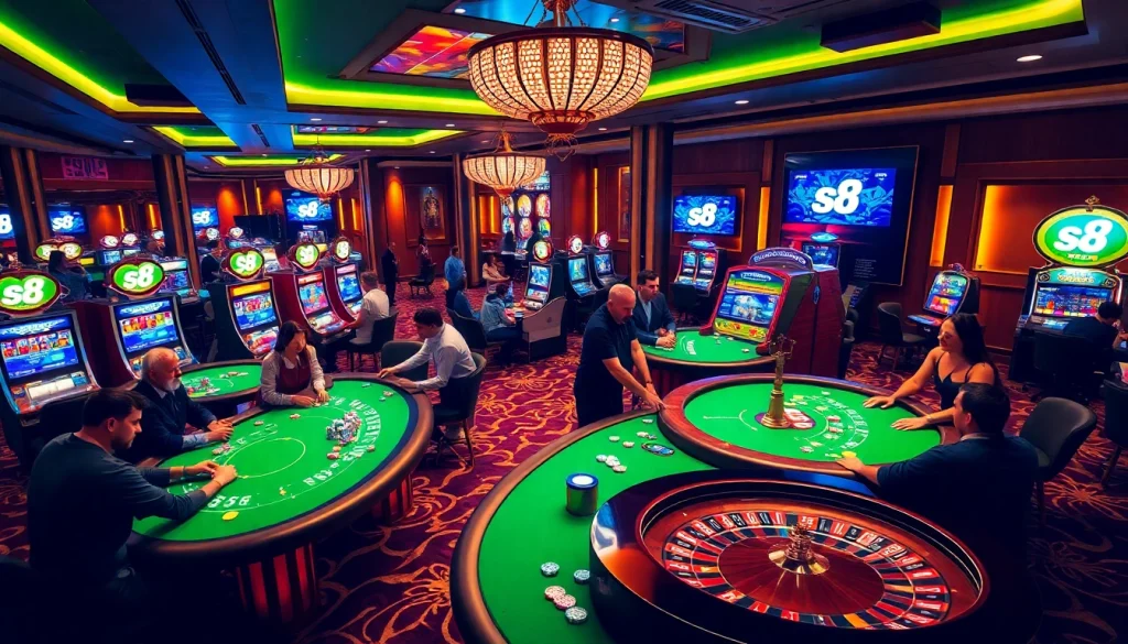 S8 players enjoying thrilling games at a vibrant casino with lively tables and slot machines.