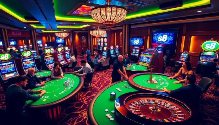S8 players enjoying thrilling games at a vibrant casino with lively tables and slot machines.