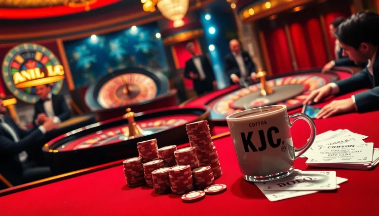KJC coffee enhances the excitement at a luxurious casino with poker and roulette tables.