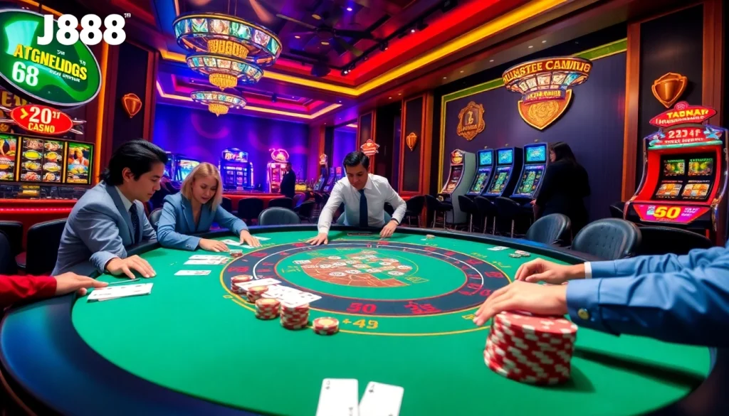 Exciting casino scene showcasing the thrilling atmosphere of Nhà Cái BJ888 with players at a blackjack table.