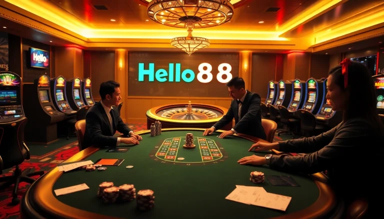 Hello88 casino action with players at a poker table and a spinning roulette wheel.