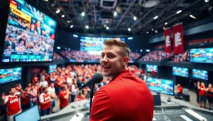 Engaging sports broadcasting studio showcasing live events with vibrant commentary and technology.
