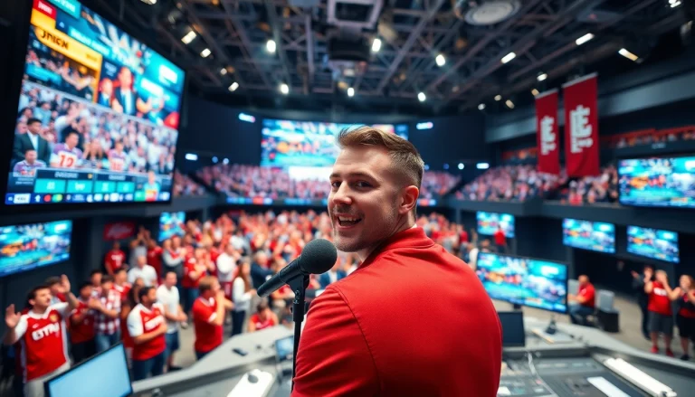 Engaging sports broadcasting studio showcasing live events with vibrant commentary and technology.