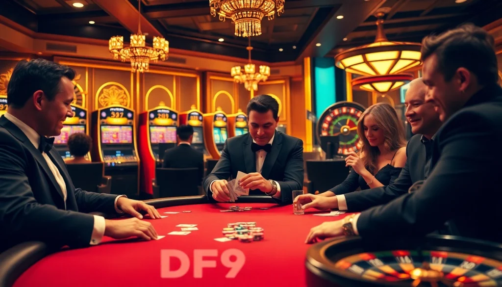 Engaging scene of players strategizing for DF999 bet at a luxurious casino poker table.