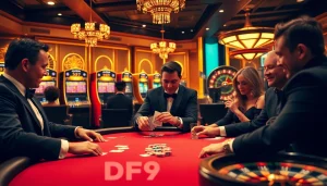 Engaging scene of players strategizing for DF999 bet at a luxurious casino poker table.