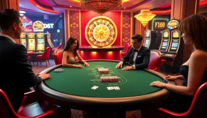 Exciting poker game scene on F168.COM showcasing players and casino elements.
