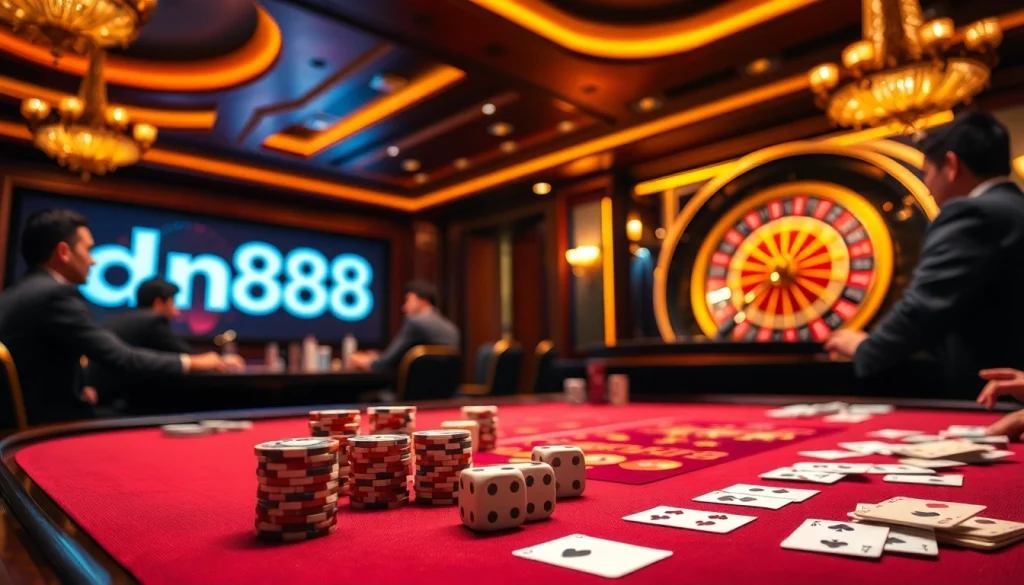 Experience the excitement of dn888 at a vibrant casino table with poker chips and a roulette wheel.