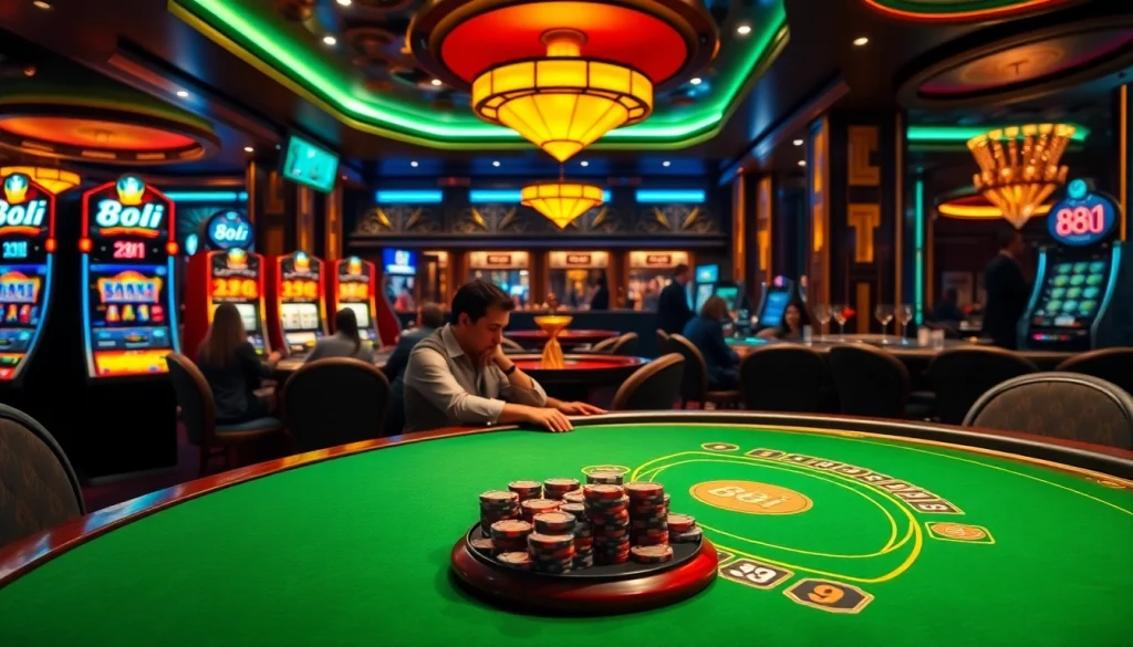 88i-themed luxury casino scene with players at a poker table and vibrant slot machines.