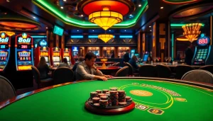 88i-themed luxury casino scene with players at a poker table and vibrant slot machines.