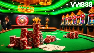 Engage with FV888's thrilling casino atmosphere featuring poker chips, a roulette wheel, and dynamic gaming elements.