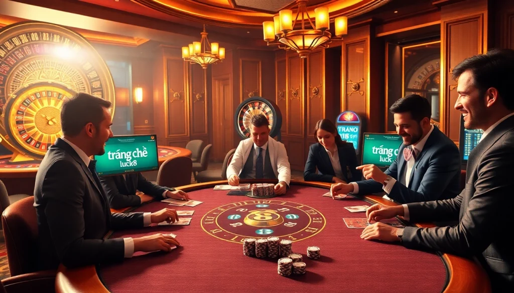 Experience the excitement of gambling on trang chủ luck8 with an elegant casino setup featuring tables, chips, and a roulette wheel.