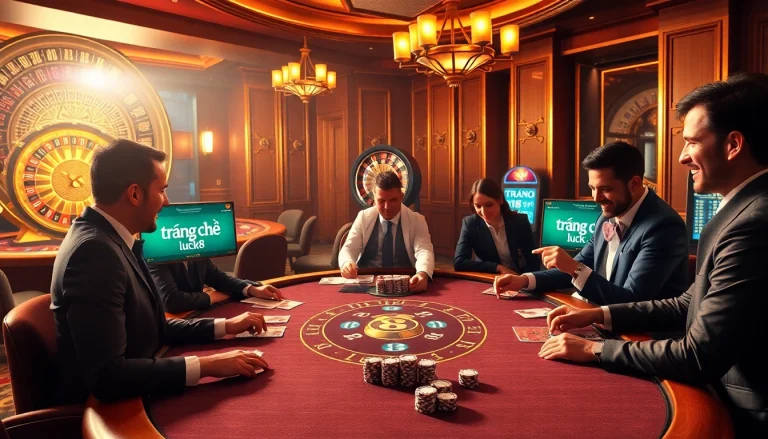 Experience the excitement of gambling on trang chủ luck8 with an elegant casino setup featuring tables, chips, and a roulette wheel.