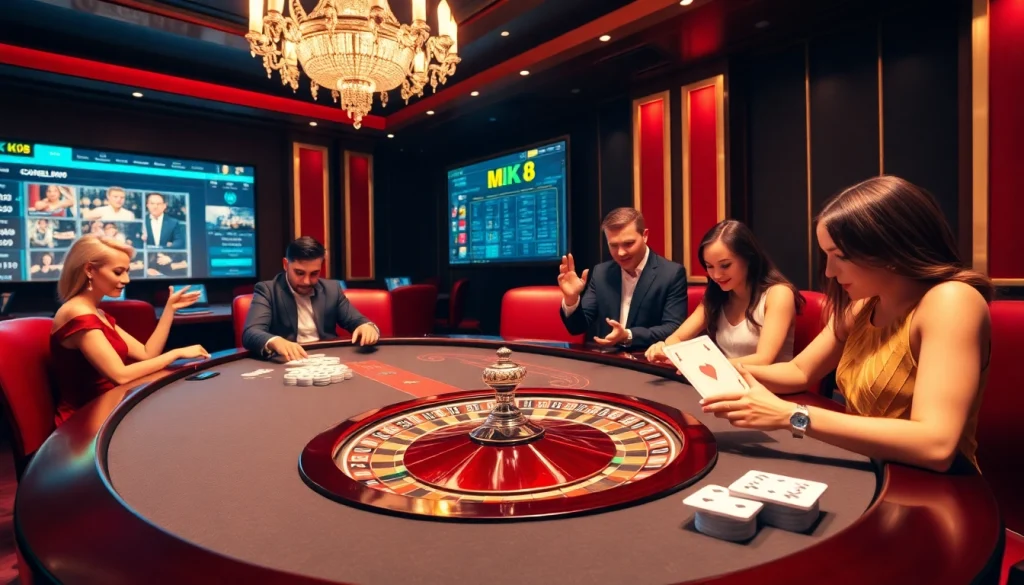 Players enjoying a thrilling game at MK 8 casino with vibrant chips and an elegant atmosphere.