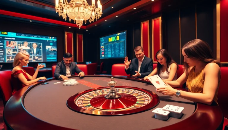 Players enjoying a thrilling game at MK 8 casino with vibrant chips and an elegant atmosphere.